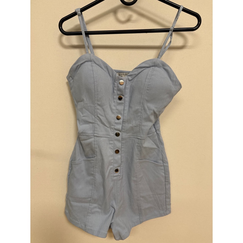 Haute Monde Light Blue Button Front Romper Sweetheart Neckline Padded Cups M